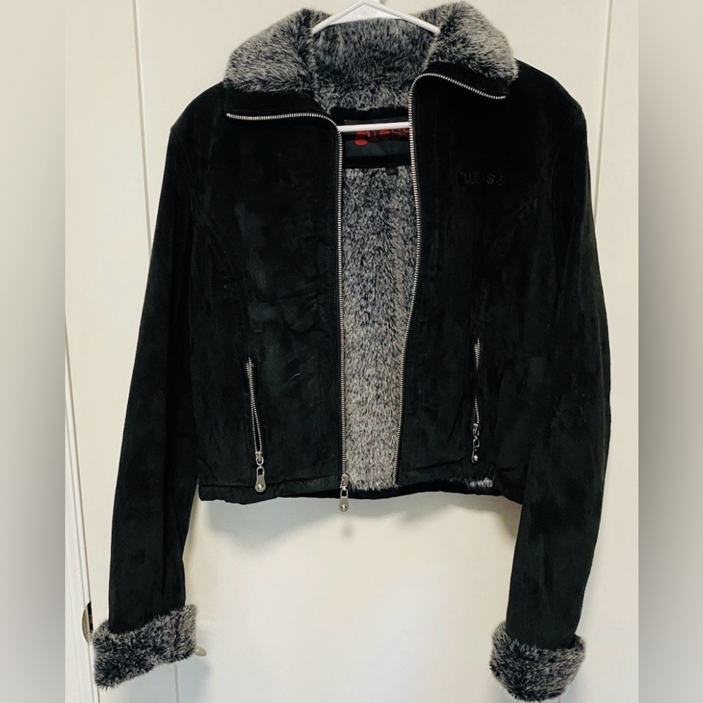 VTG Guess Leather Jacket Black Faux Fur Small